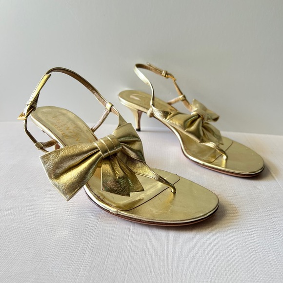 Valentino Shoes - Valentino Gold Mena Signature Bow Open Toe Slingback Heels Metallic Gold Size 36
